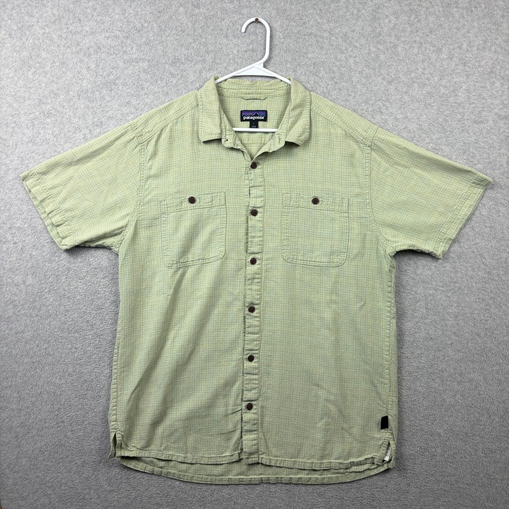 Patagonia Back Step Shirt Mens Large Green Plaid Hemp Blend Hiking Outdoors